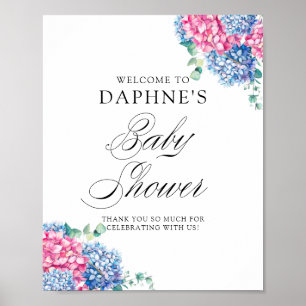 Pink and Blue Hydrangeas Baby Shower Welcome Poster