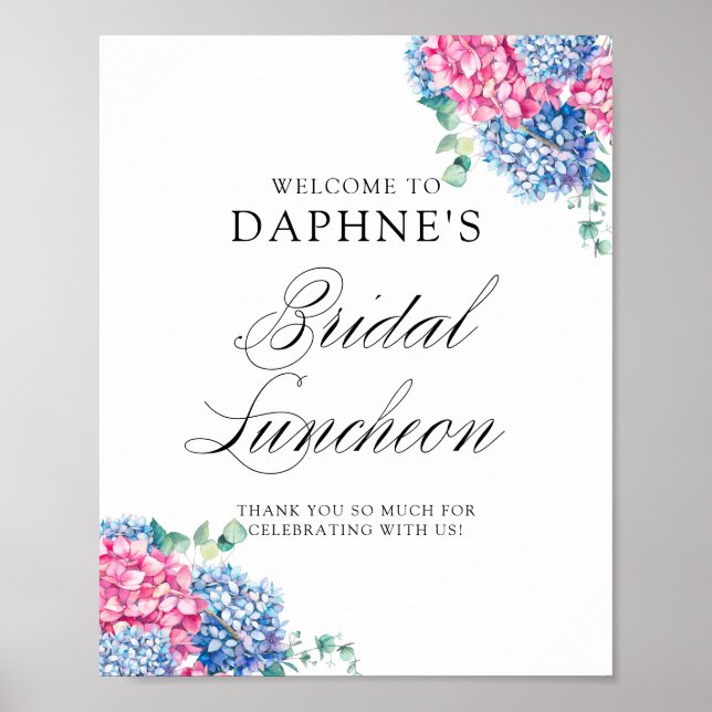 Pink and Blue Hydrangeas Bridal Luncheon Welcome Poster (Front)