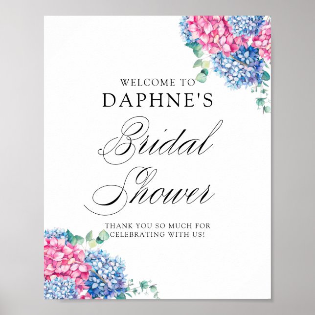 Pink and Blue Hydrangeas Bridal Shower Welcome Poster (Front)