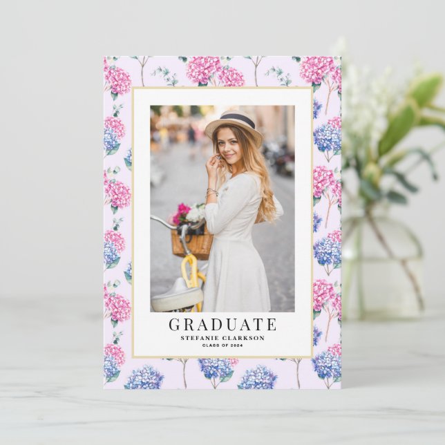 Pink and Blue Hydrangeas Floral Graduation Photo Invitation (Standing Front)