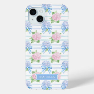 Pink and Blue Hydrangeas Striped iPhone 15 Mini Case