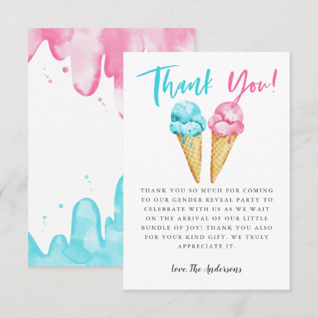 Pink and Blue Ice Cream Gender Reveal Party Thank You Card (Front/Back)