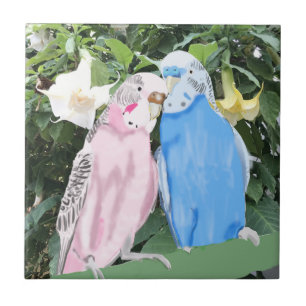 Pink and Blue Kissing Budgies and Angel Trumpets Tile