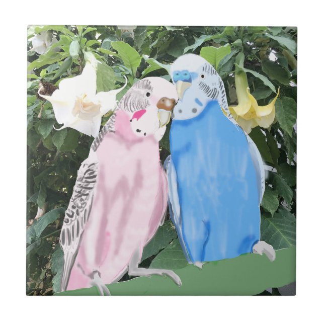 Pink and Blue Kissing Budgies and Angel Trumpets Tile (Front)