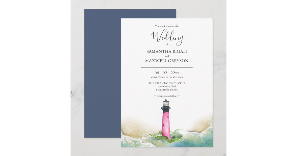 Pink and Blue Lighthouse Beach Destination Wedding Invitation | Zazzle