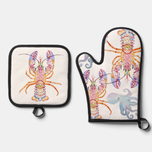 Pink and Blue Lobster Oven Mitt & Pot Holder Set