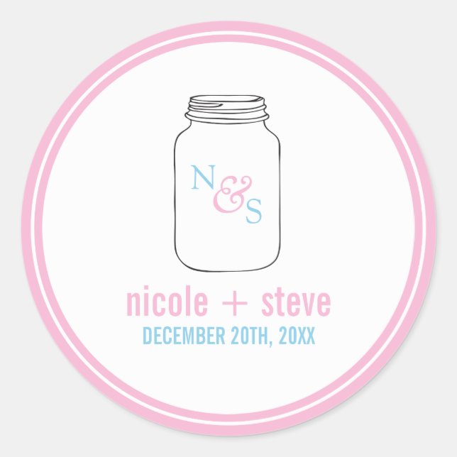 Pink and Blue Mason Jar Monogram Wedding Classic Round Sticker (Front)