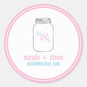 Pink and Blue Mason Jar Monogram Wedding Classic Round Sticker