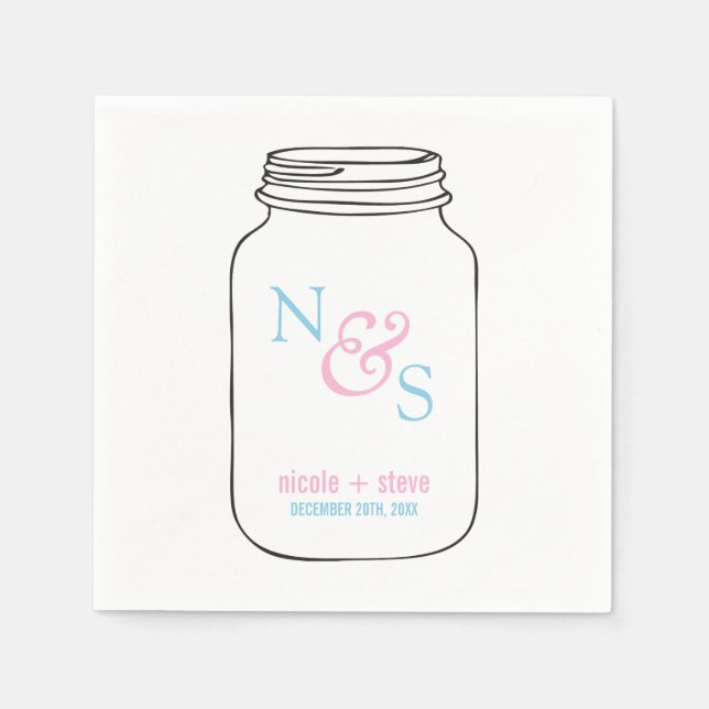 Pink and Blue Mason Jar Monogram Wedding Napkin (Front)