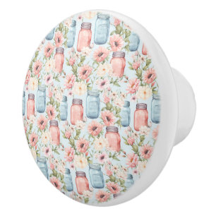 Pink and Blue Mason Jars Floral Ceramic Pull