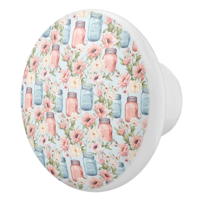 Pink and Blue Mason Jars Floral Ceramic Pull (Right)