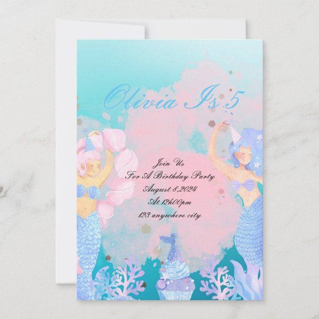 Pink and Blue Mermaid Birthday invitation  (Front)