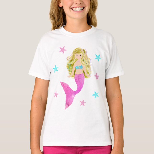 Pink And Blue Mermaid Starfish T-Shirt (Front)
