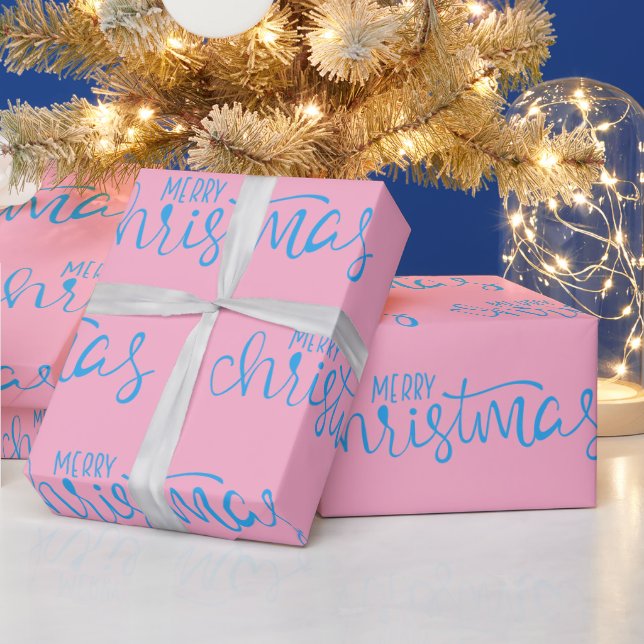 Pink And Blue Merry Christmas Calligraphy Wrapping Paper (Holidays)