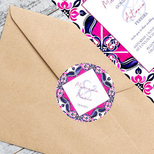 Pink and blue Mexican tiles wedding Classic Round Sticker