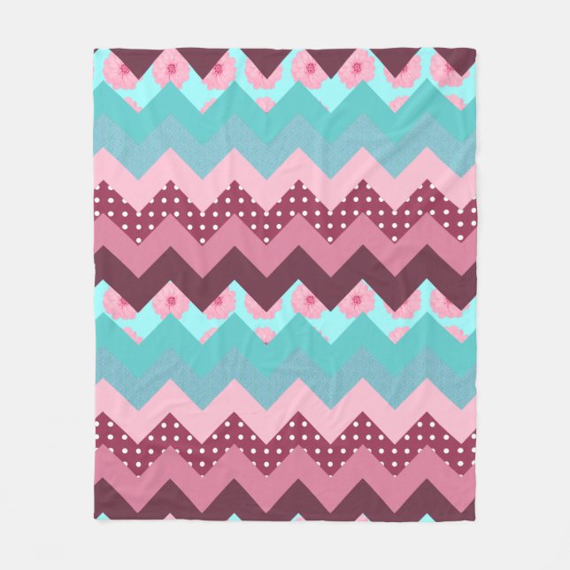 Pink and Blue Mixed Prints Chevron Fleece Blanket (Front)