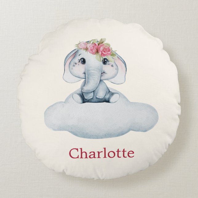 Pink and Blue Modern Elephant Round Cushion (Front)