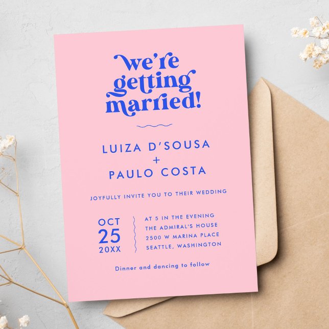 Pink and Blue Modern Retro Wedding  Invitation (Creator Uploaded)