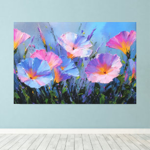 Pink and Blue Morning Glory Painting Abstract Wall Canvas Print
