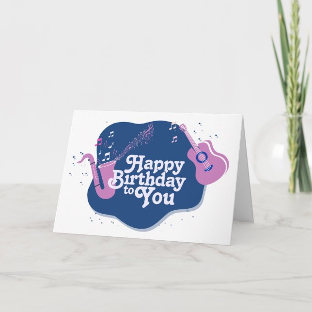 Pink and Blue Musical Saxophone Birthday  Card (Front)