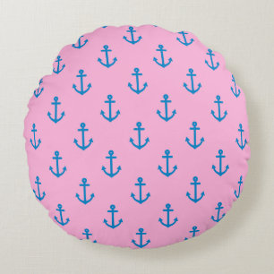 Pink and Blue Nautical Anchor Pattern Round Cushion