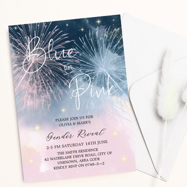 Pink and Blue Night Sky Firecracker Gender Reveal Invitation (Creator Uploaded)