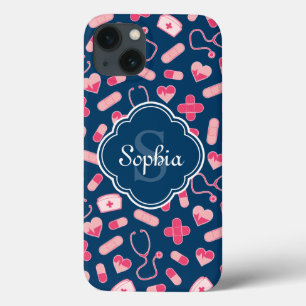 Pink and Blue Nurse Pattern with Monogram iPhone 13 Case