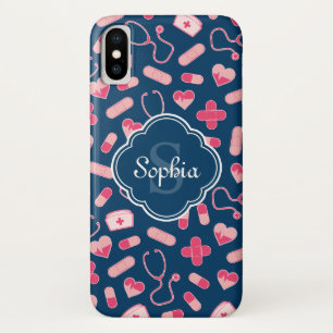Pink and Blue Nurse Pattern with Monogram iPhone X Case