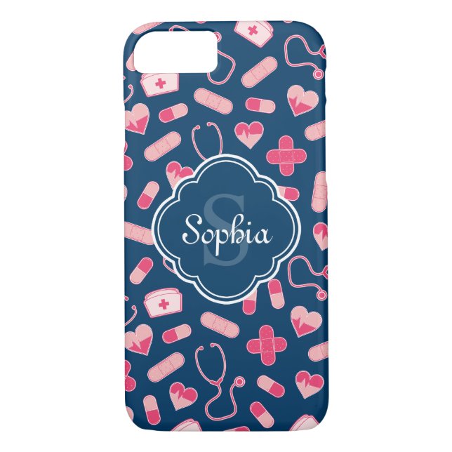 Pink and Blue Nurse Pattern with Monogram Case-Mate iPhone Case (Back)