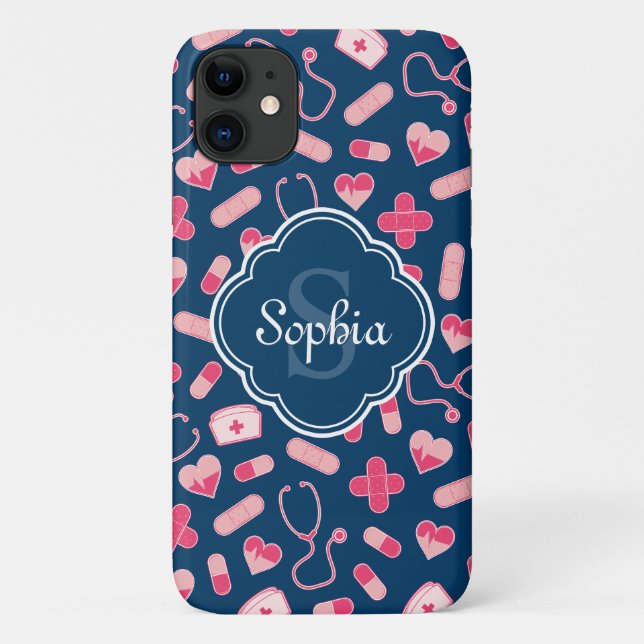 Pink and Blue Nurse Pattern with Monogram Case-Mate iPhone Case (Back)
