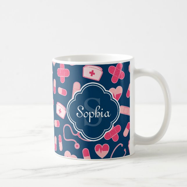 Pink and Blue Nurse Pattern with Monogram Coffee Mug (Right)