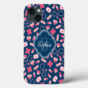 Pink and Blue Nurse Pattern with Monogram iPhone 13 Case