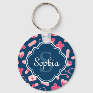 Pink and Blue Nurse Pattern with Monogram Key Ring