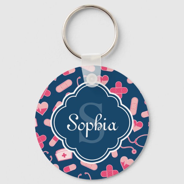 Pink and Blue Nurse Pattern with Monogram Key Ring (Front)