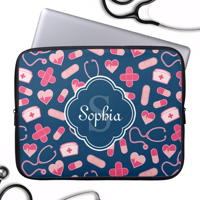 Pink and Blue Nurse Pattern with Monogram Laptop Sleeve (Creator Uploaded)
