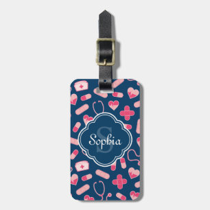 Pink and Blue Nurse Pattern with Monogram Luggage Tag