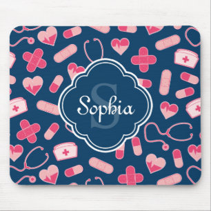 Pink and Blue Nurse Pattern with Monogram Mouse Mat