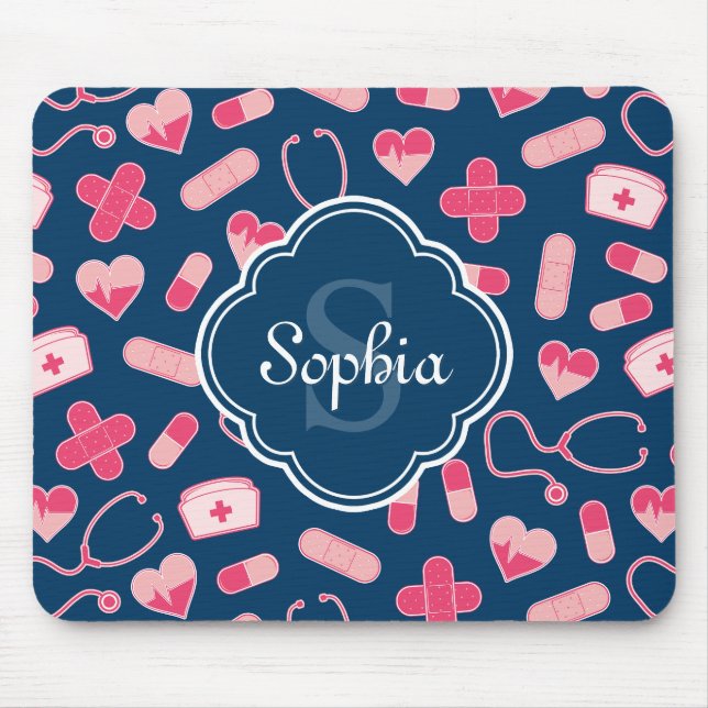Pink and Blue Nurse Pattern with Monogram Mouse Mat (Front)