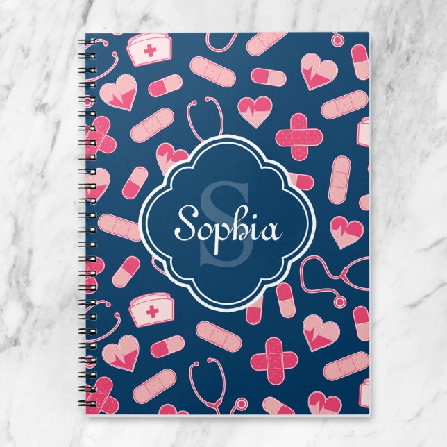 Pink and Blue Nurse Pattern with Monogram Notebook (Creator Uploaded)