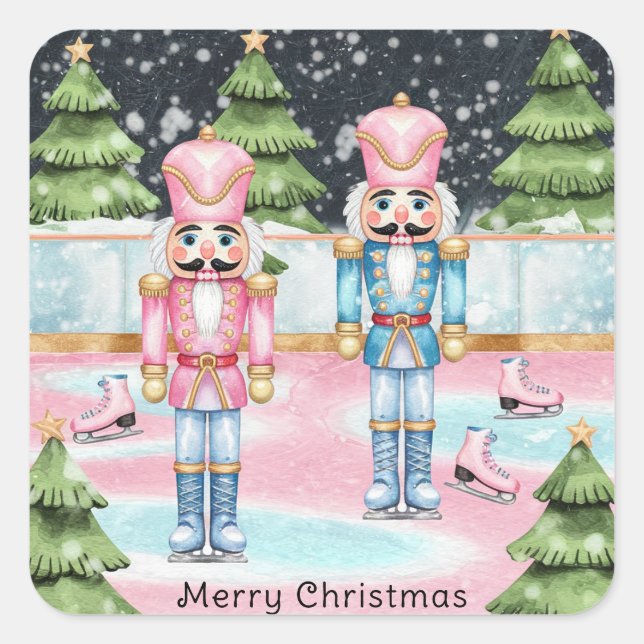 Pink and Blue Nutcrackers standing on an Ice Rink  Square Sticker (Front)
