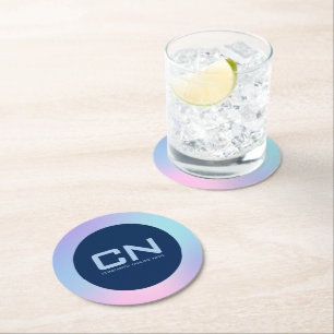Pink and blue ombre border on dark blue round paper coaster