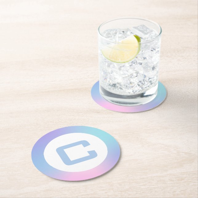 Pink and blue ombre border on white round paper coaster (Insitu)