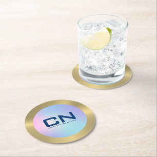 Pink and blue ombre gold round paper coaster