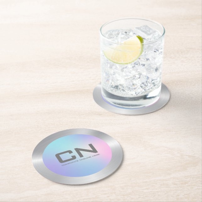 Pink and blue ombre silver border round paper coaster (Insitu)