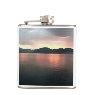 Pink and Blue Ombre Sunset Reflections Landscape Hip Flask