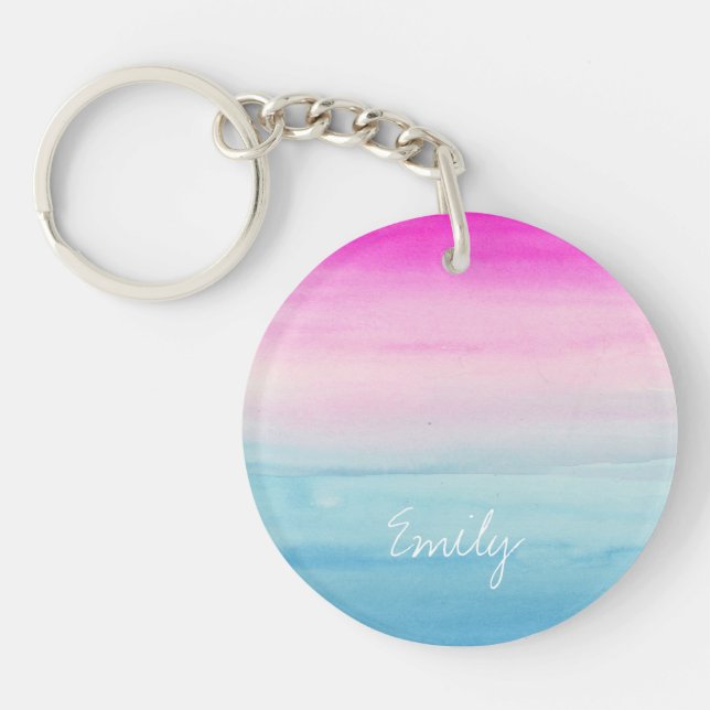 Pink and Blue Ombre Watercolor Personalised Key Ring (Front)