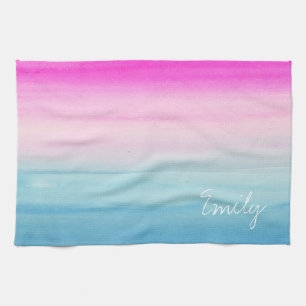 Pink and Blue Ombre Watercolor Personalised Tea Towel