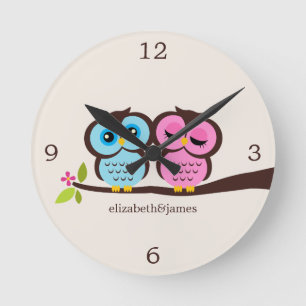 Pink and Blue Owl Couple Round Clock