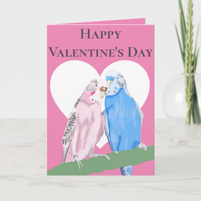 Pink and Blue Pair of Budgies Valentine's Day Holiday Card (Front)