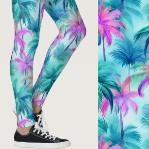 Pink and Blue Palm Trees Tropical Patterned Leggings